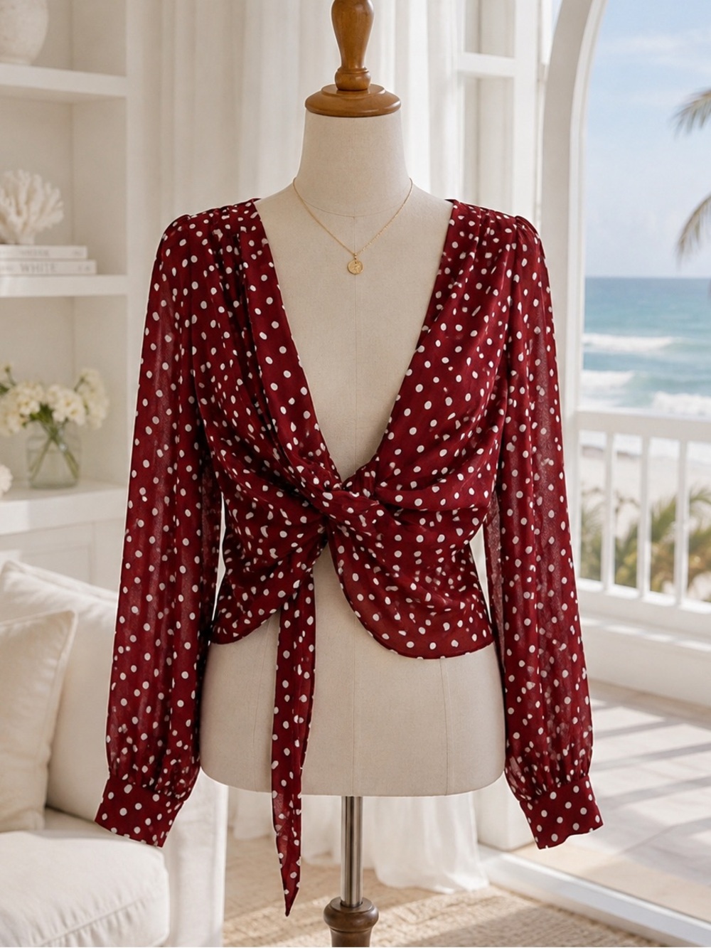 Cotton On Burgundy White Polka Dot Wrap Blouse size medium
